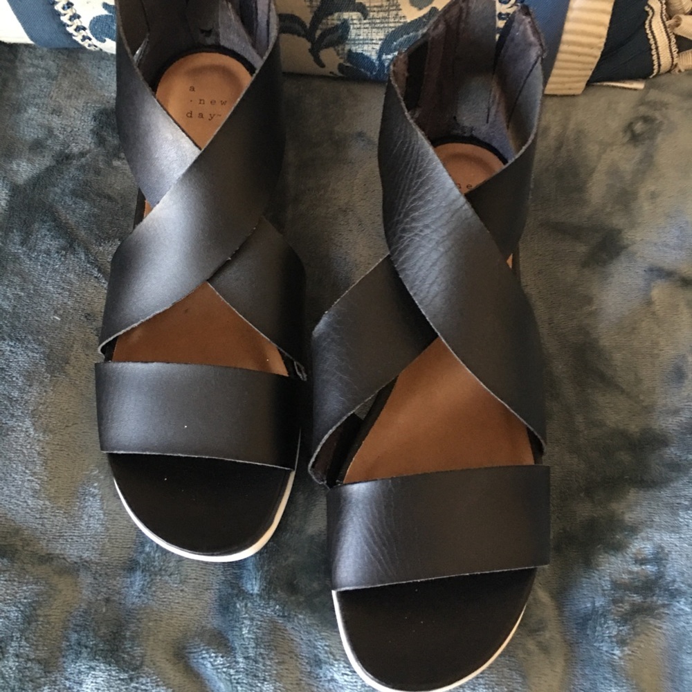 Black sandals! New, never worn mini platform. Faux black leather, size 9.